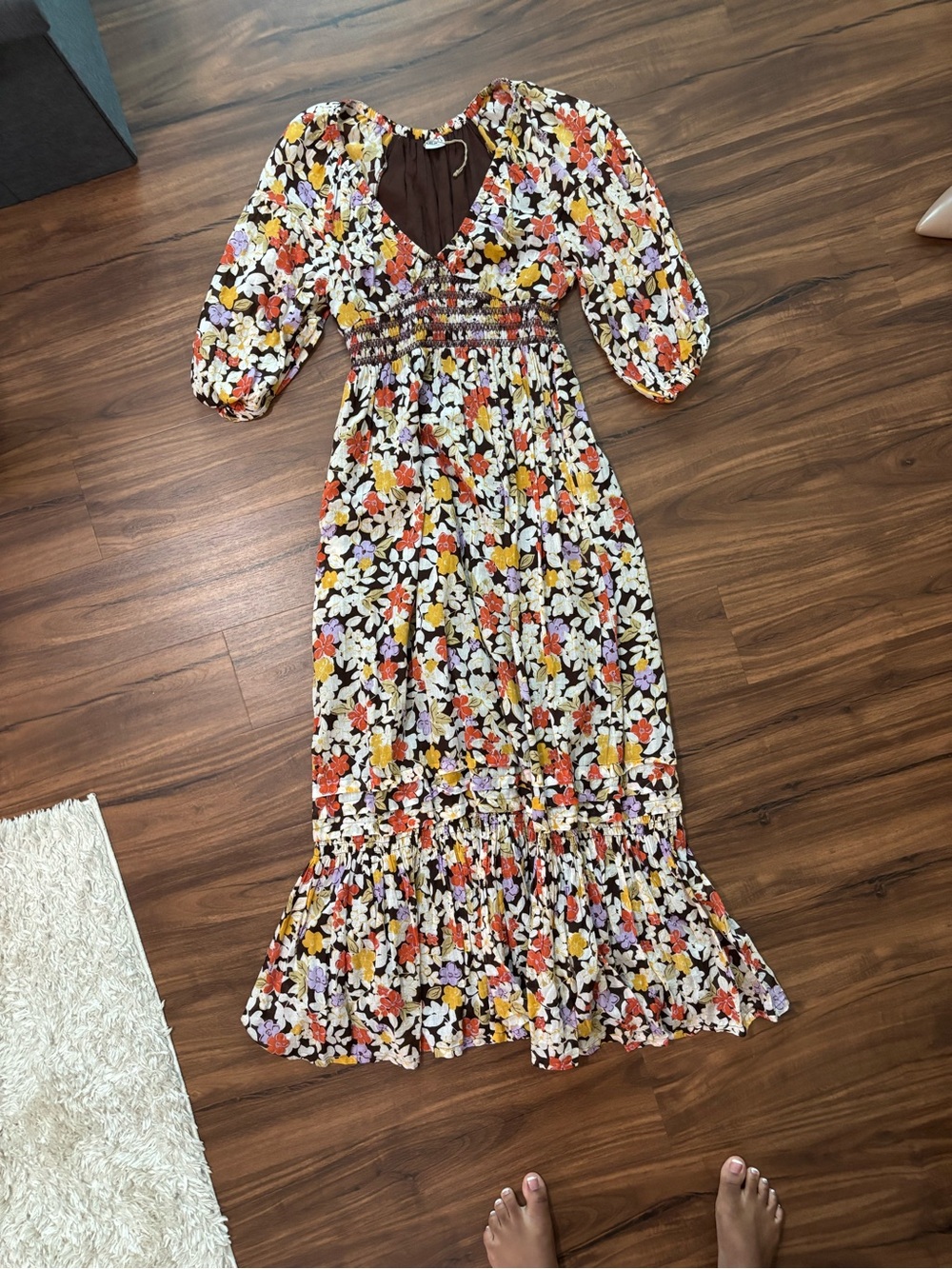 Floral V-Neck Puff Sleeve Midi Dress in Multi-Color